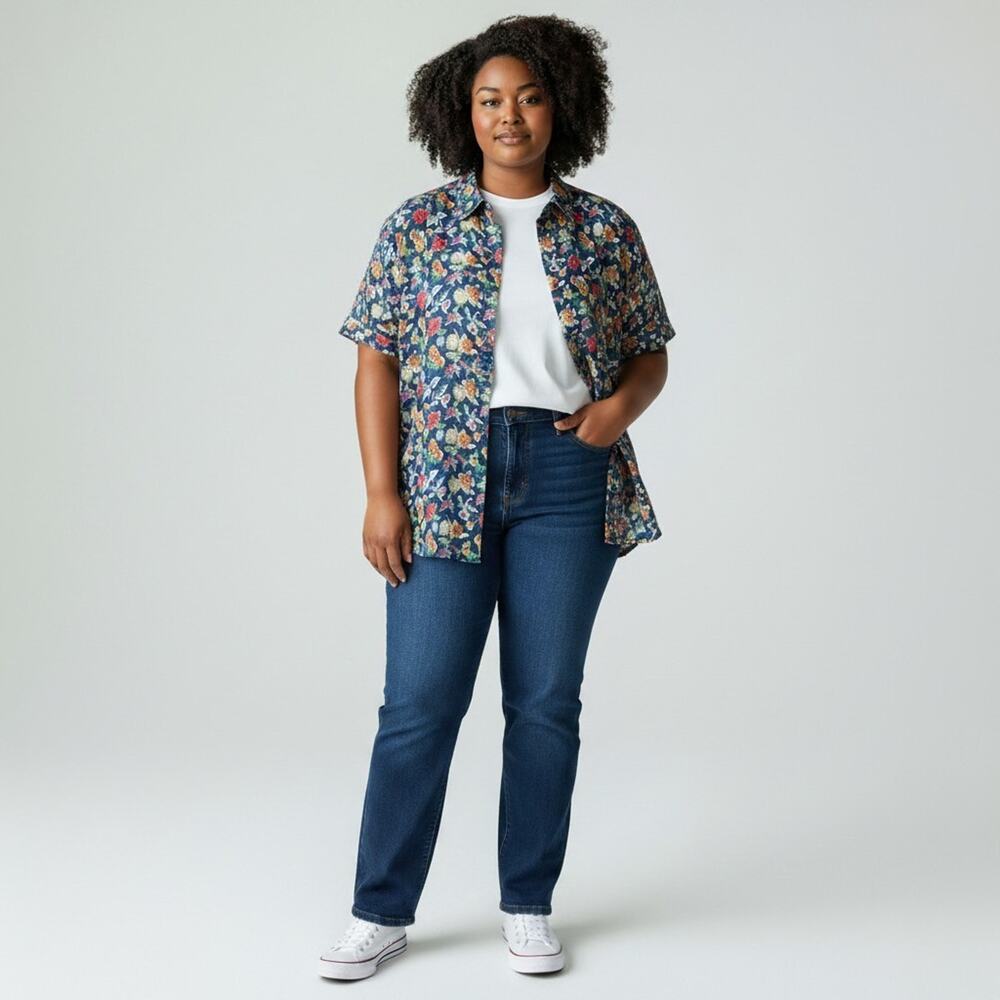 Ralph Lauren Blue Floral Linen Button Up Shirt M Short Sleeve Summer Shacket